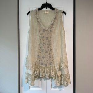 Boho linen and lace mini tank dress tunic